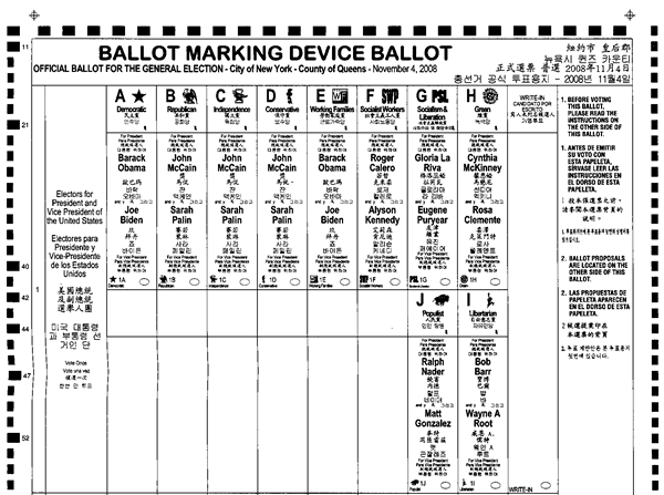 The top of the ballot used with ballot marking devices, showing 10 candidates for President. 