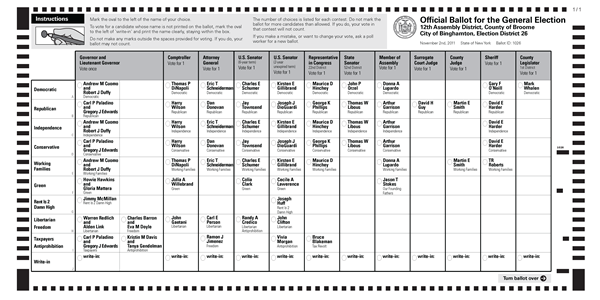 A revised demonstration ballot for Broome County, with a cleaner, easier to read layout.